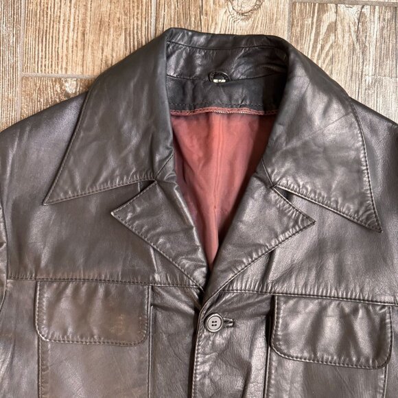 Vtg Western Leather Jacket Mens 42 Korea Vintage Brown Cowboy Peter Pan Collar - Picture 5 of 7